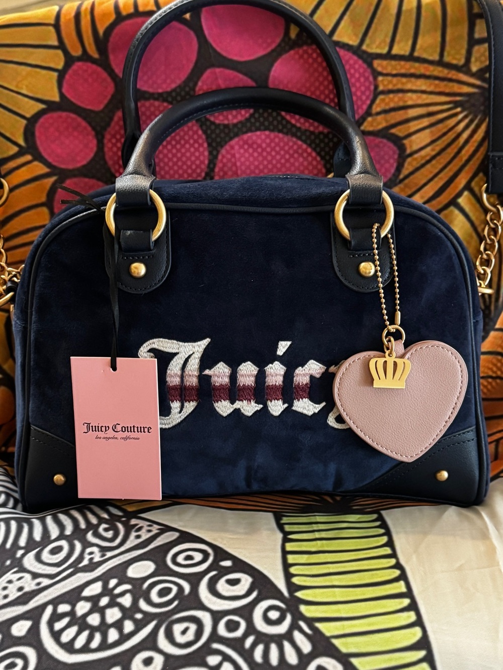 Juicy Couture Navy Velvet Satchel with Pink Heart Charm